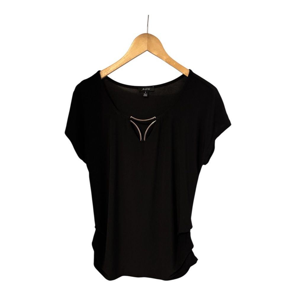 Women’s Short Sleeve Black Gold Hardware Side Ruching Top Size Small By A.U.W.